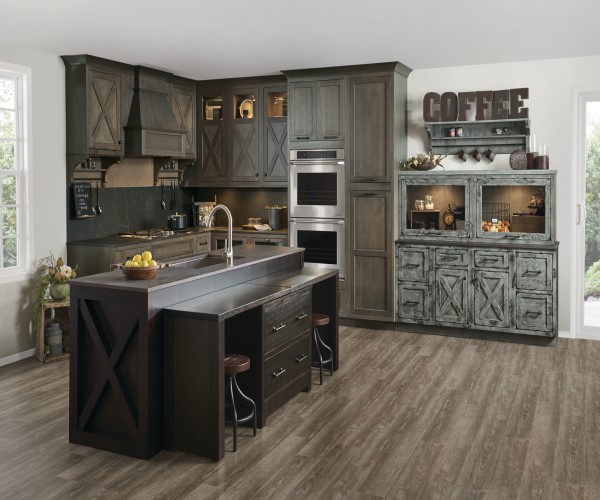 Wooden floors in a dark wood kitchen 