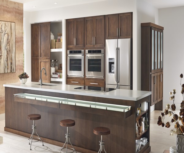 Bar with dark wood base and bar stools 